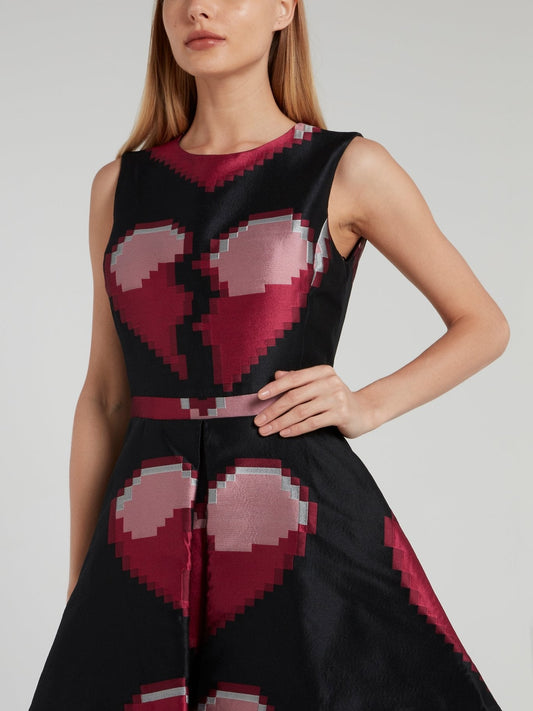 Black Heart Print Pleated Sheath Dress