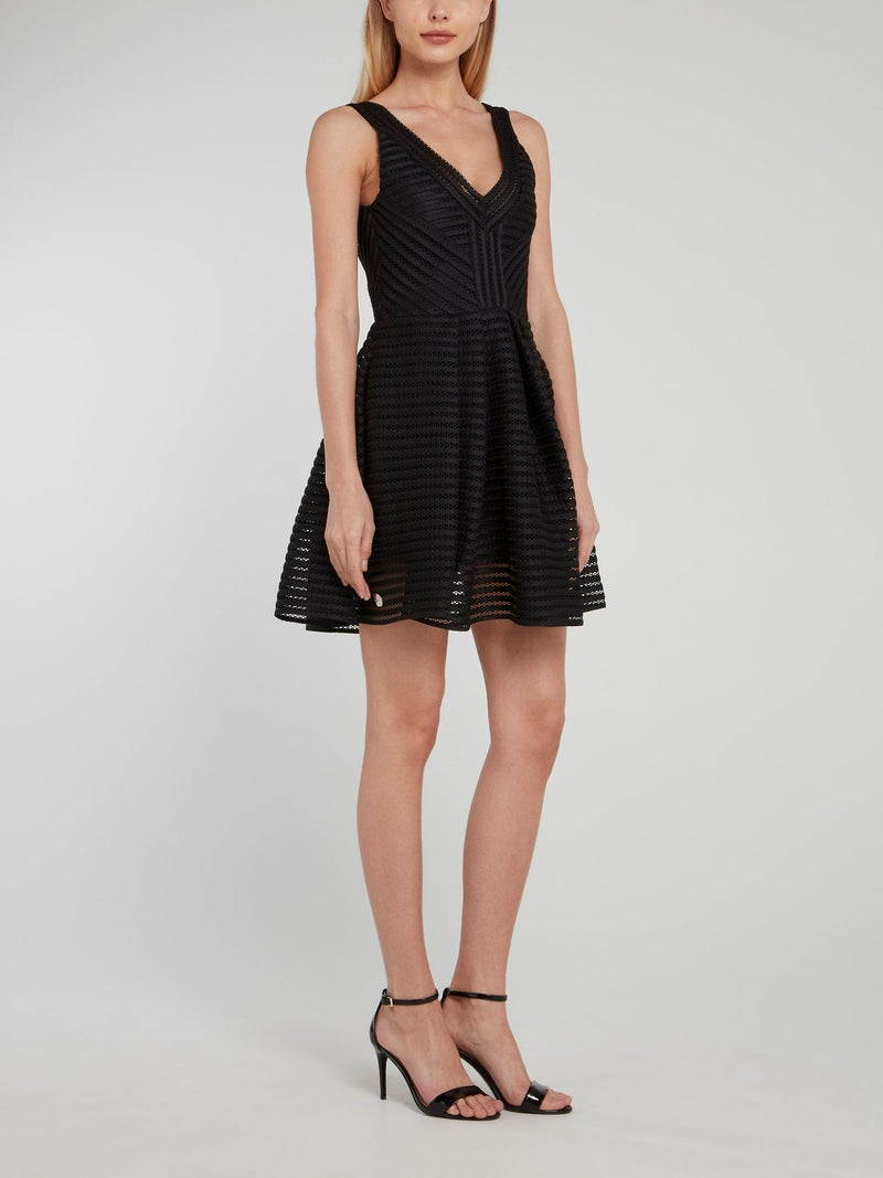 Black Perforated Décolleté Mini Dress