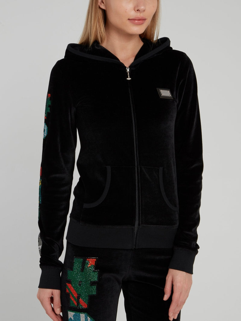 Black Velvet Embellished Hooded Sweatshirt