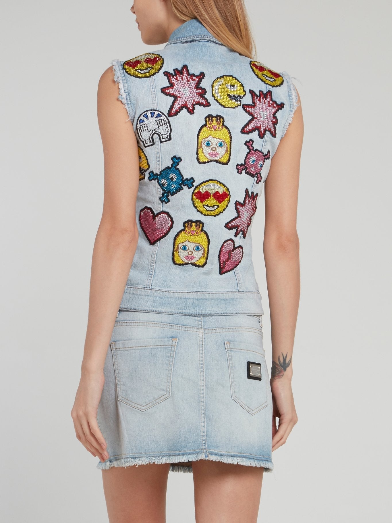 Blue Embroidered Emoji Frayed Denim Gilet