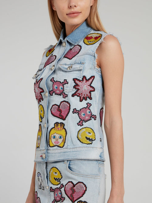 Blue Embroidered Emoji Frayed Denim Gilet