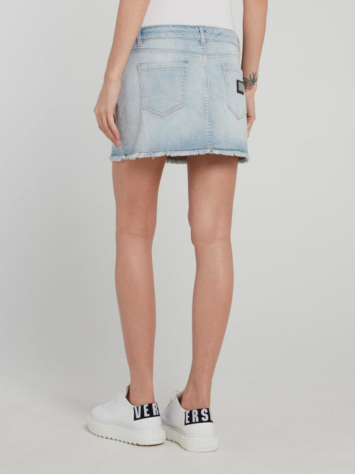 Blue Embroidered Emoji Frayed Denim Skirt