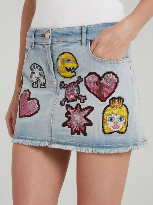 Blue Embroidered Emoji Frayed Denim Skirt