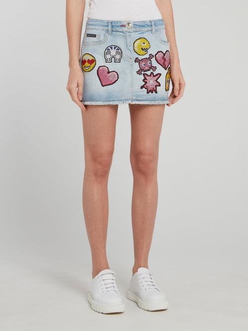 Blue Embroidered Emoji Frayed Denim Skirt