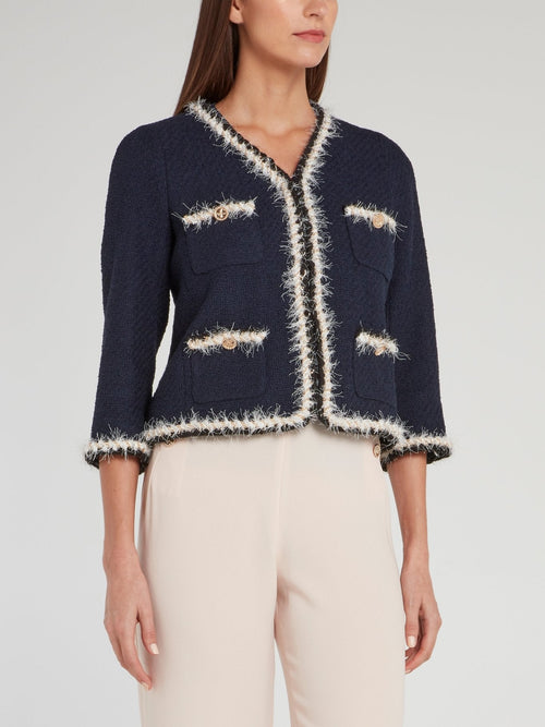 Navy Frayed Detail Long Sleeve Jacket