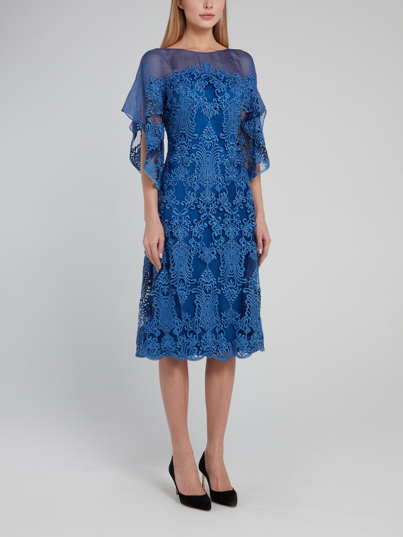 Blue Embroidered Mesh Panel Midi Dress