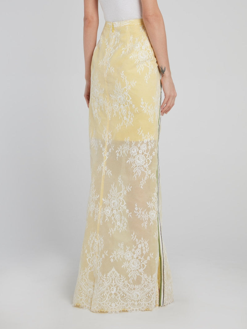 Yellow Floral Detailed Lace Maxi Skirt