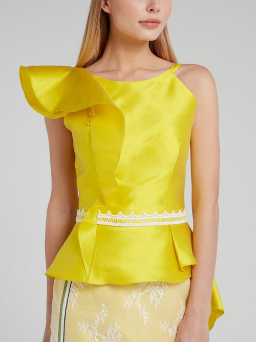 Yellow Asymmetric Ruffle Silk Top