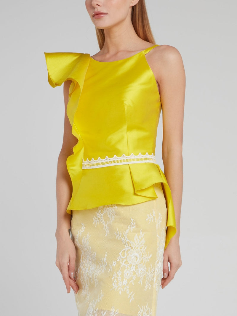 Yellow Asymmetric Ruffle Silk Top