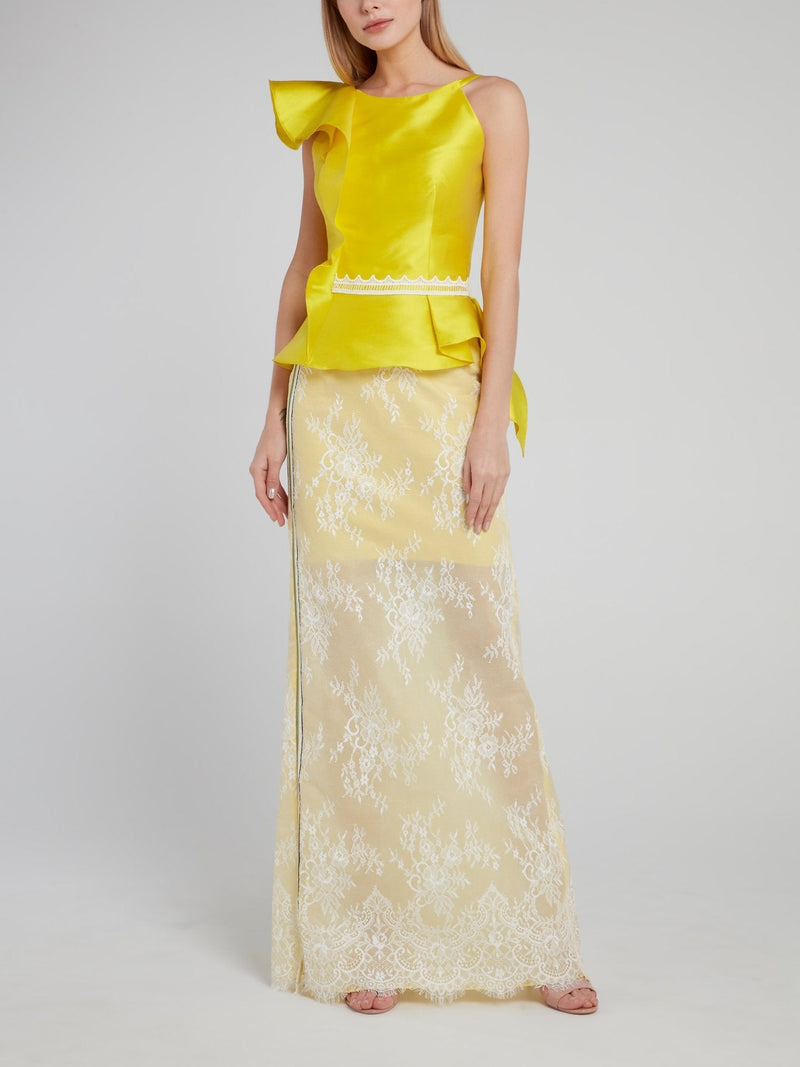 Yellow Asymmetric Ruffle Silk Top