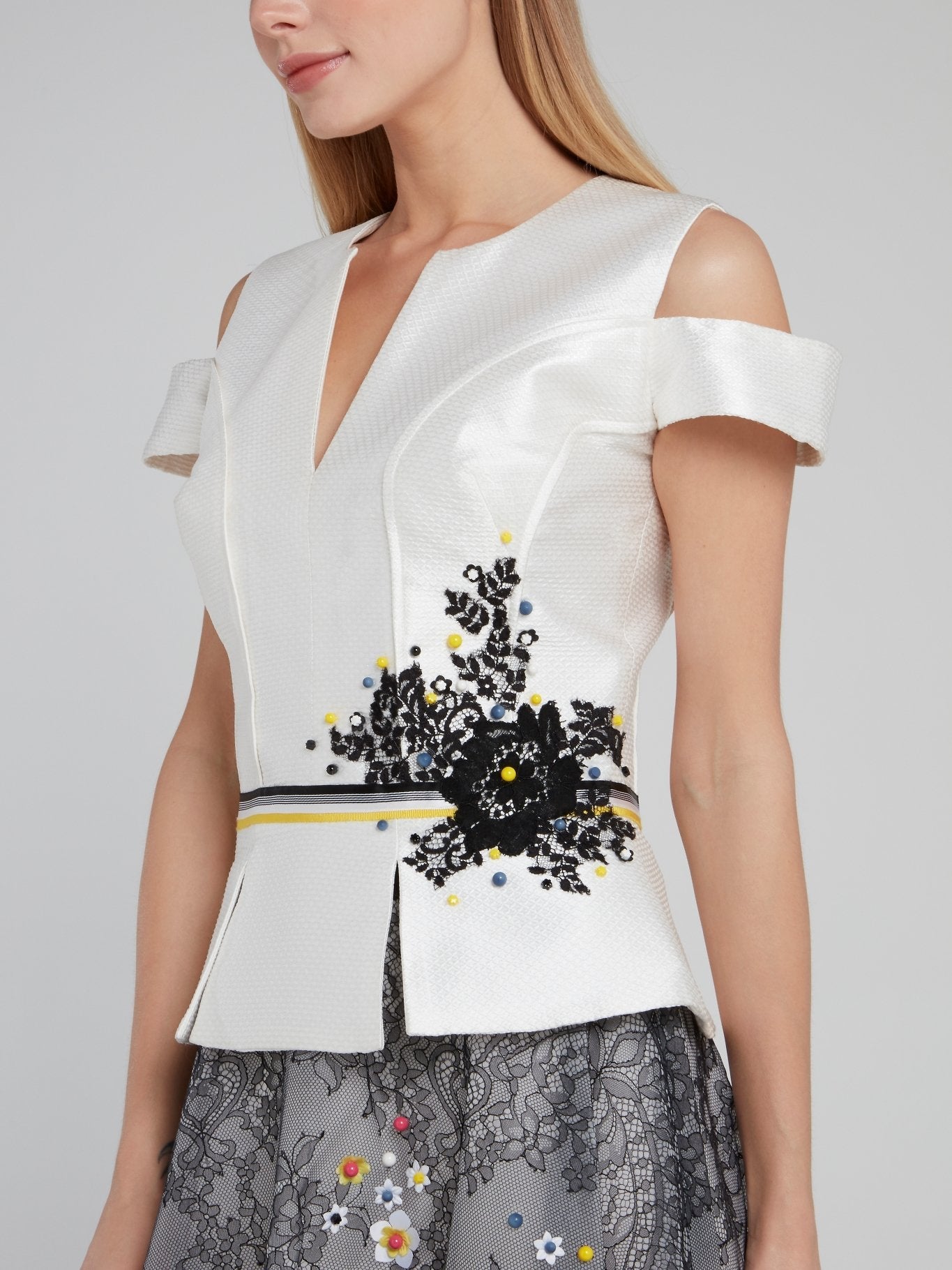 Floral Detail Cold Shoulder Peplum Top