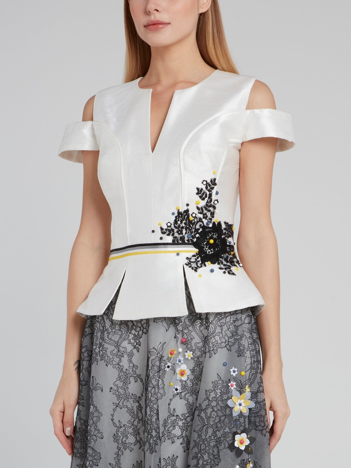 Floral Detail Cold Shoulder Peplum Top