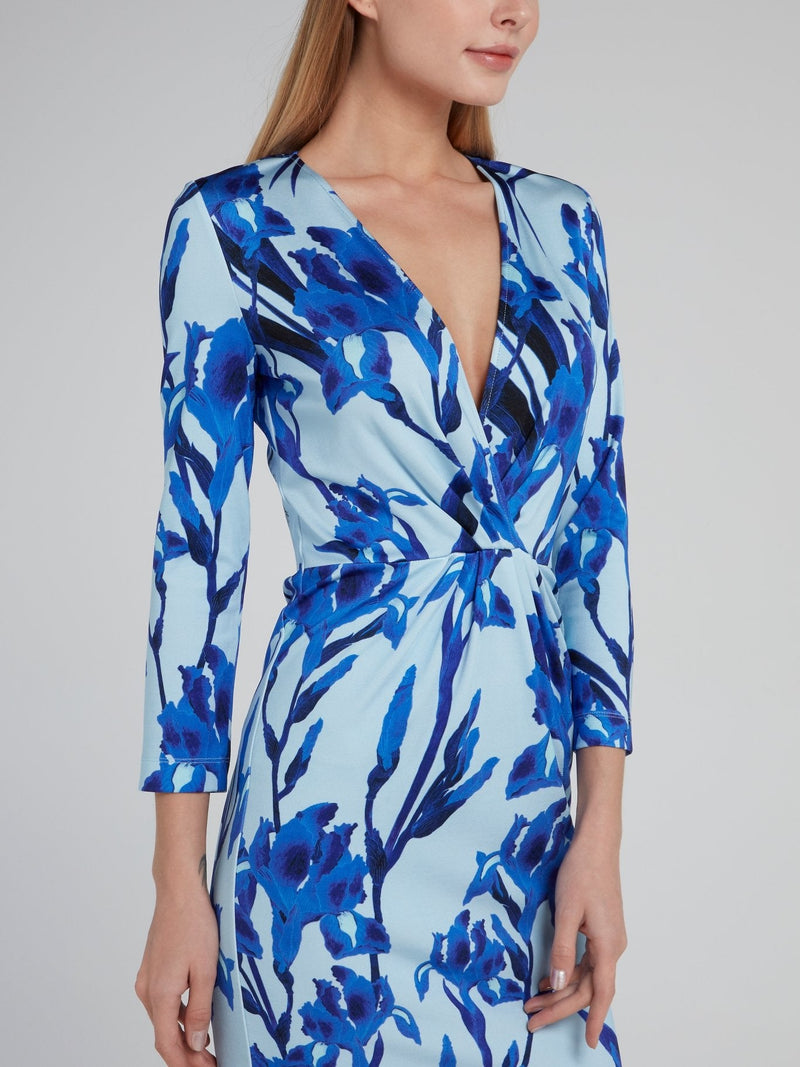 Blue Floral Print Three Quarter Sleeve Dress