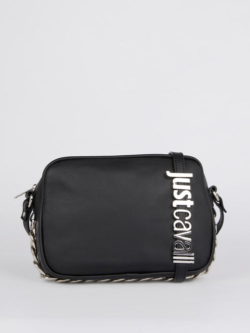 Black Chain Embellished Leather Shoulder Bag