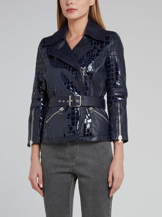 Navy Snake Effect Biker Jacket