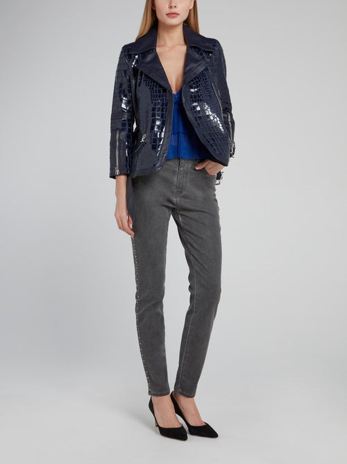 Navy Snake Effect Biker Jacket