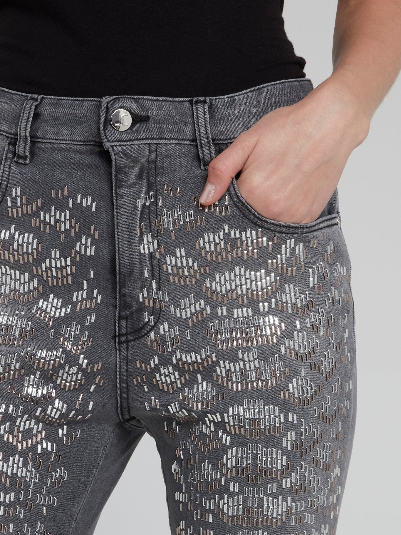 Grey Snake Effect Embellished Denim Jeans