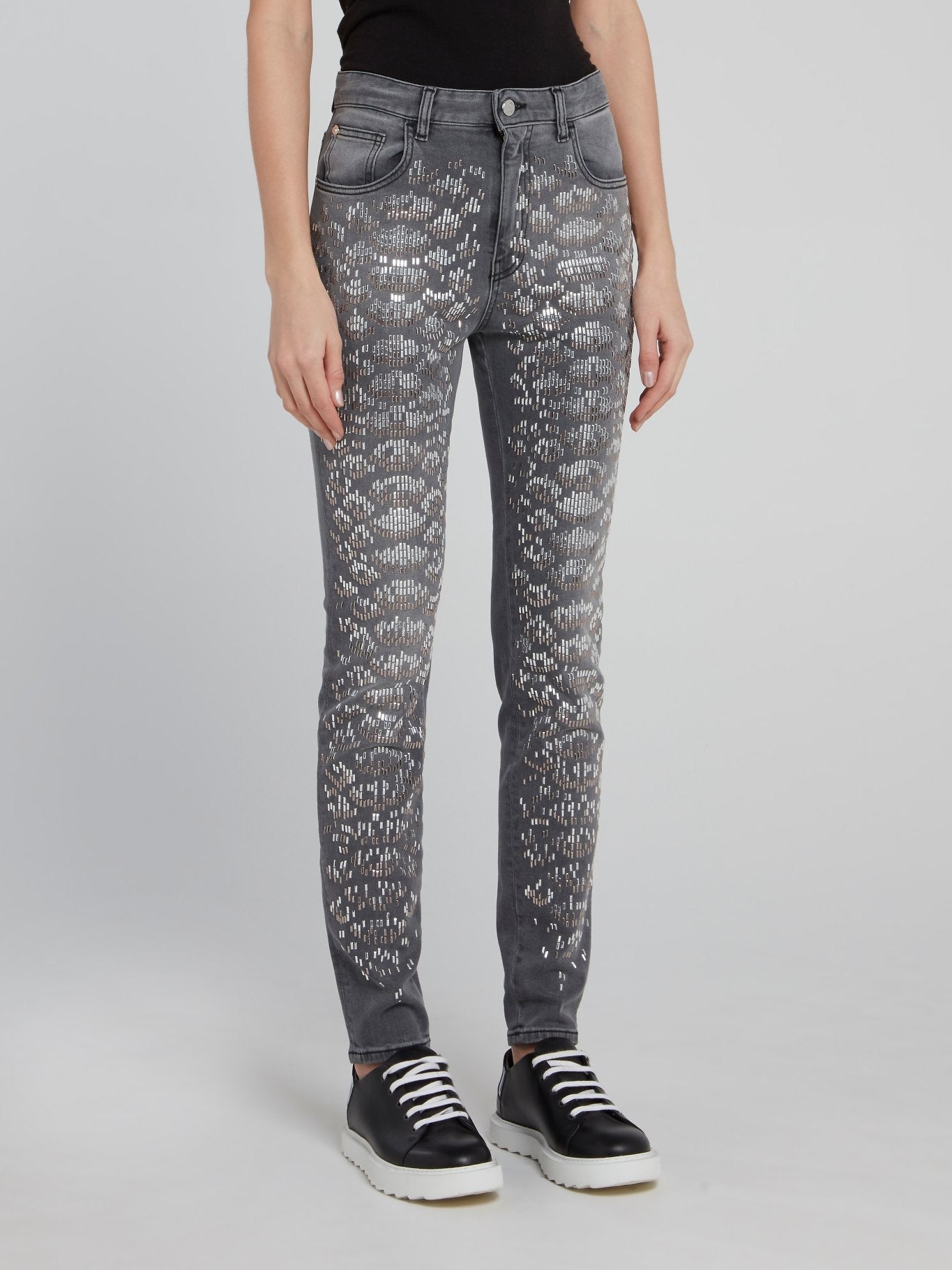 Grey Snake Effect Embellished Denim Jeans