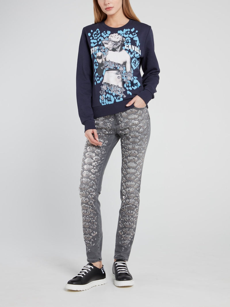 Grey Snake Effect Embellished Denim Jeans