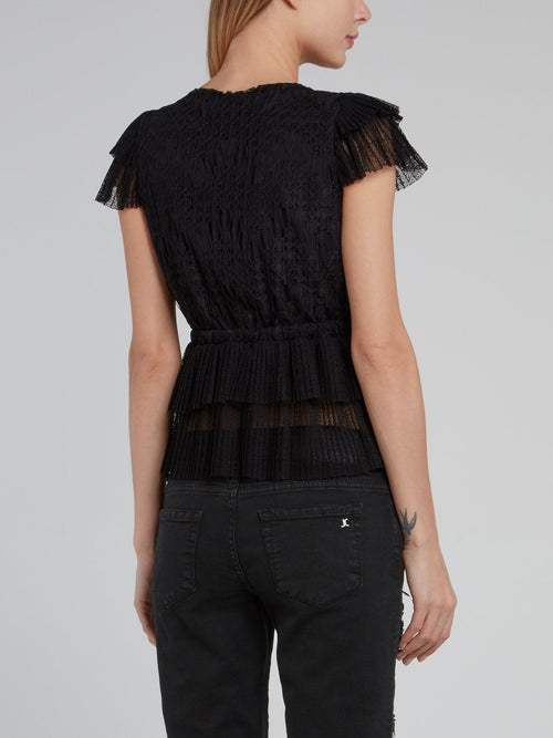 Black Surplice Ruffle Tulle Top