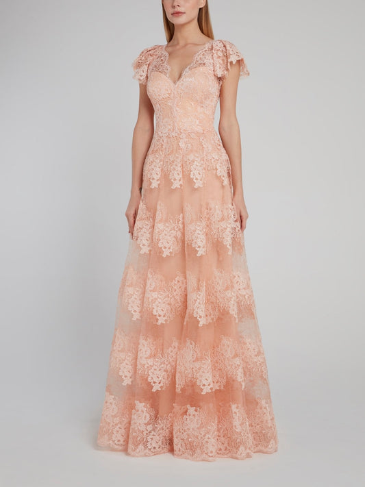 Beige Floral Pleated Lace Maxi Dress