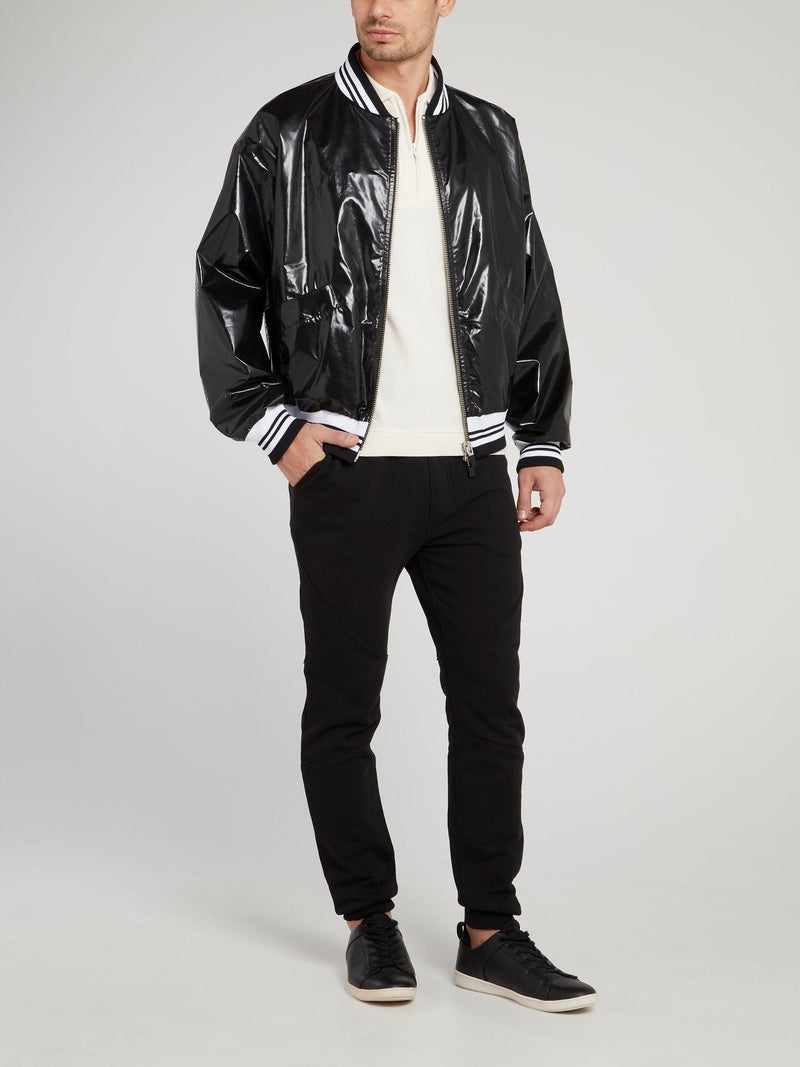 Black Snake Print Stripe Edge Bomber Jacket