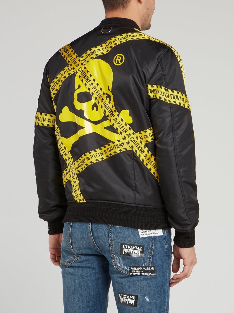 Caution Tape Skull Print Bomber Jacket