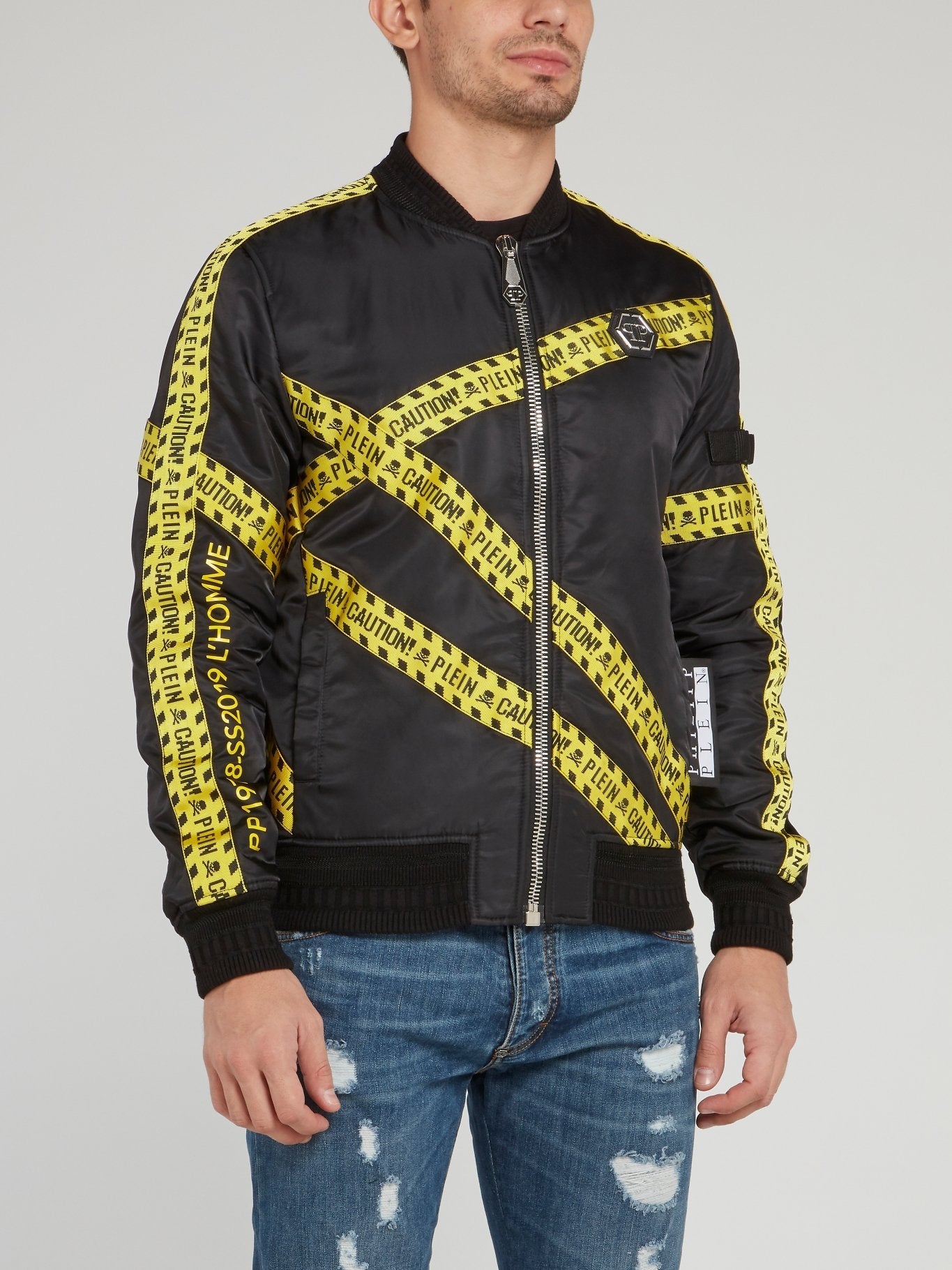 Caution Tape Skull Print Bomber Jacket