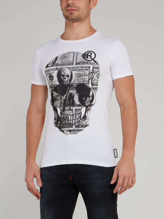 White Dollar Skull Print Logo T-Shirt