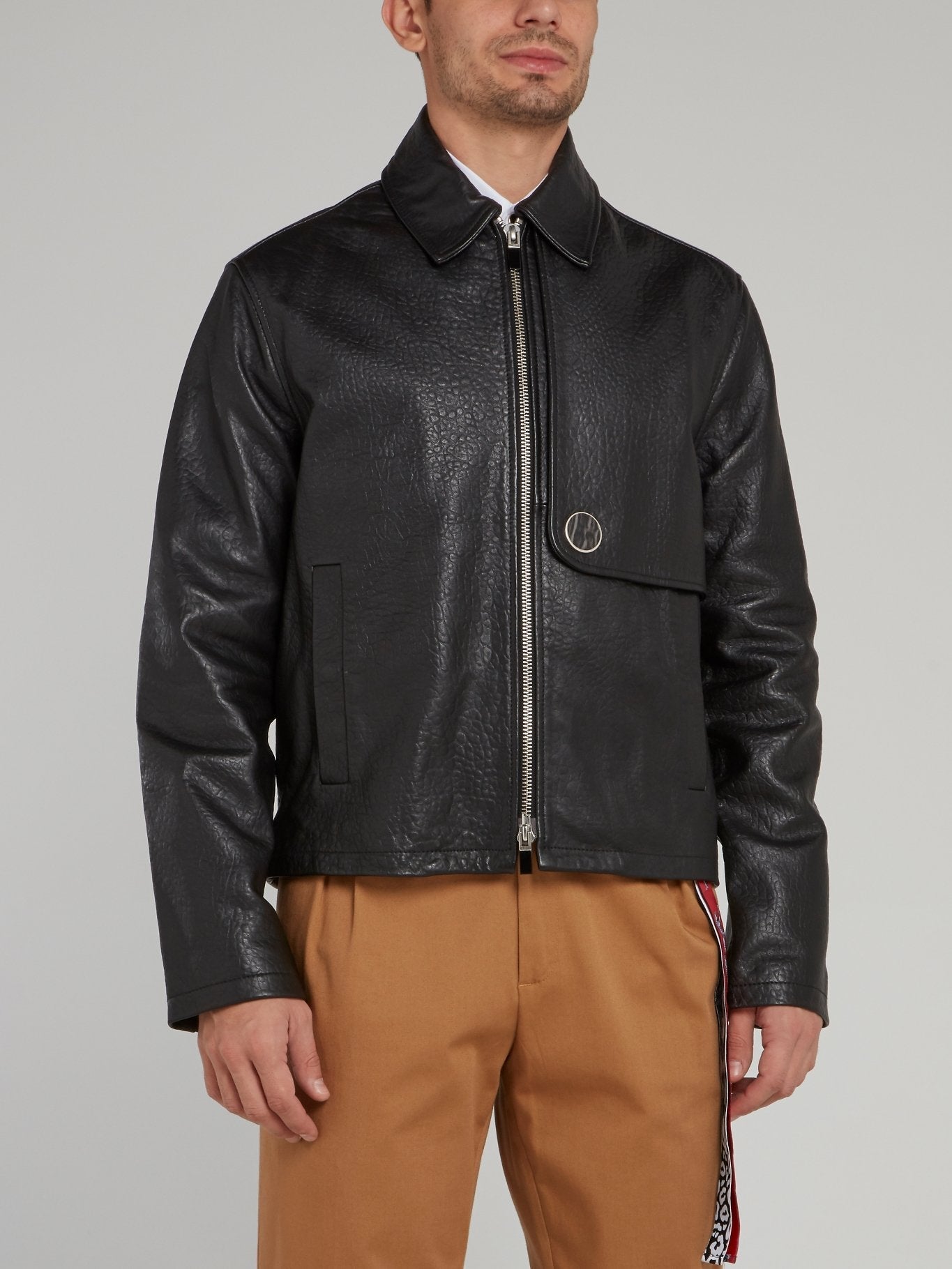 Black Zip Up Textured Leather Jacket