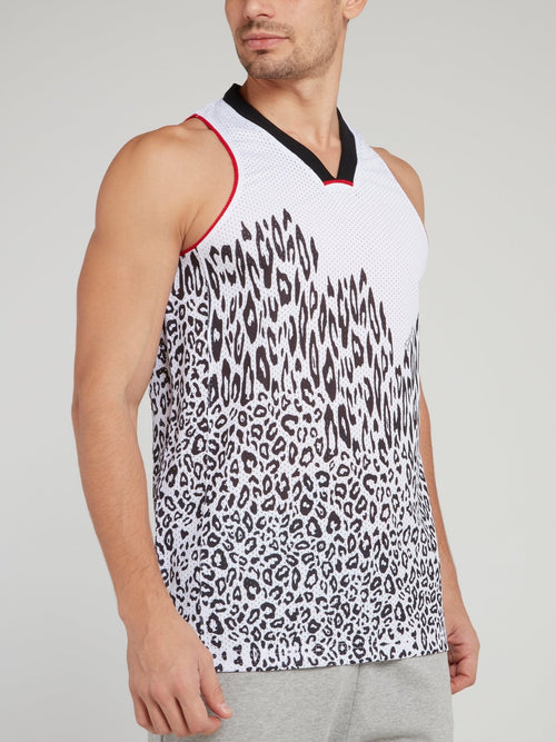 White Leopard Print Perforated Tank Top