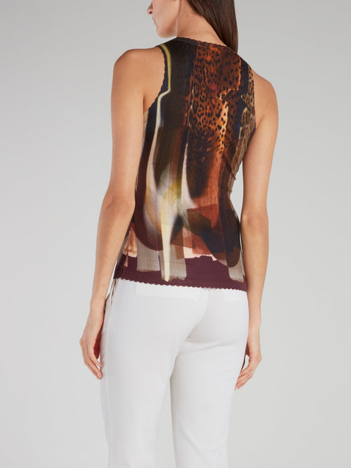 Abstract Print Ribbed Top