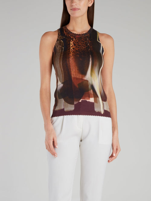 Abstract Print Ribbed Top