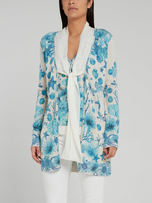 Ocean Print Tie Front Knitted Cardigan