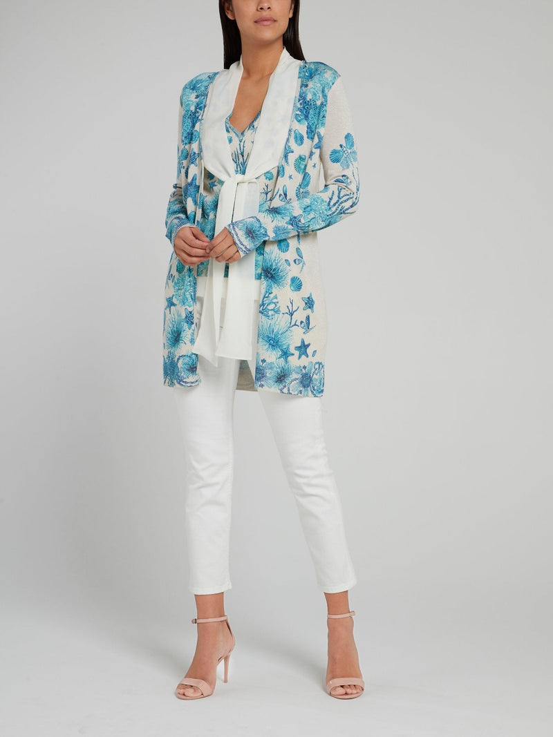 Ocean Print Tie Front Knitted Cardigan