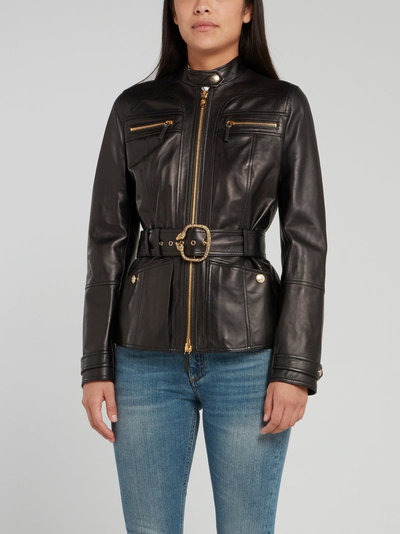 Black Snap Button Belted Leather Jacket