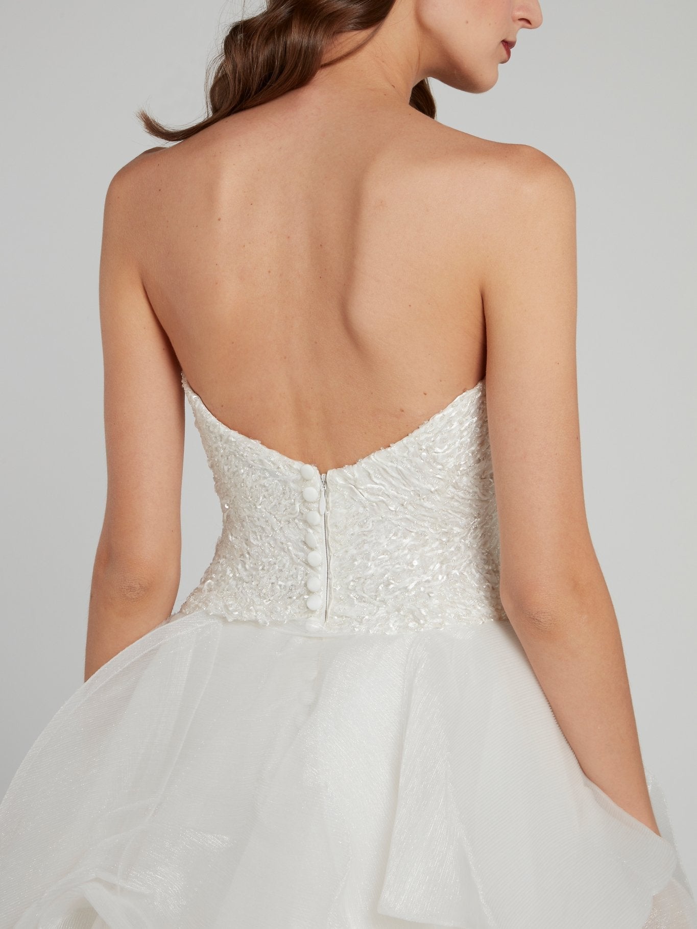 White Sequin Embellished Tiered Bridal Gown