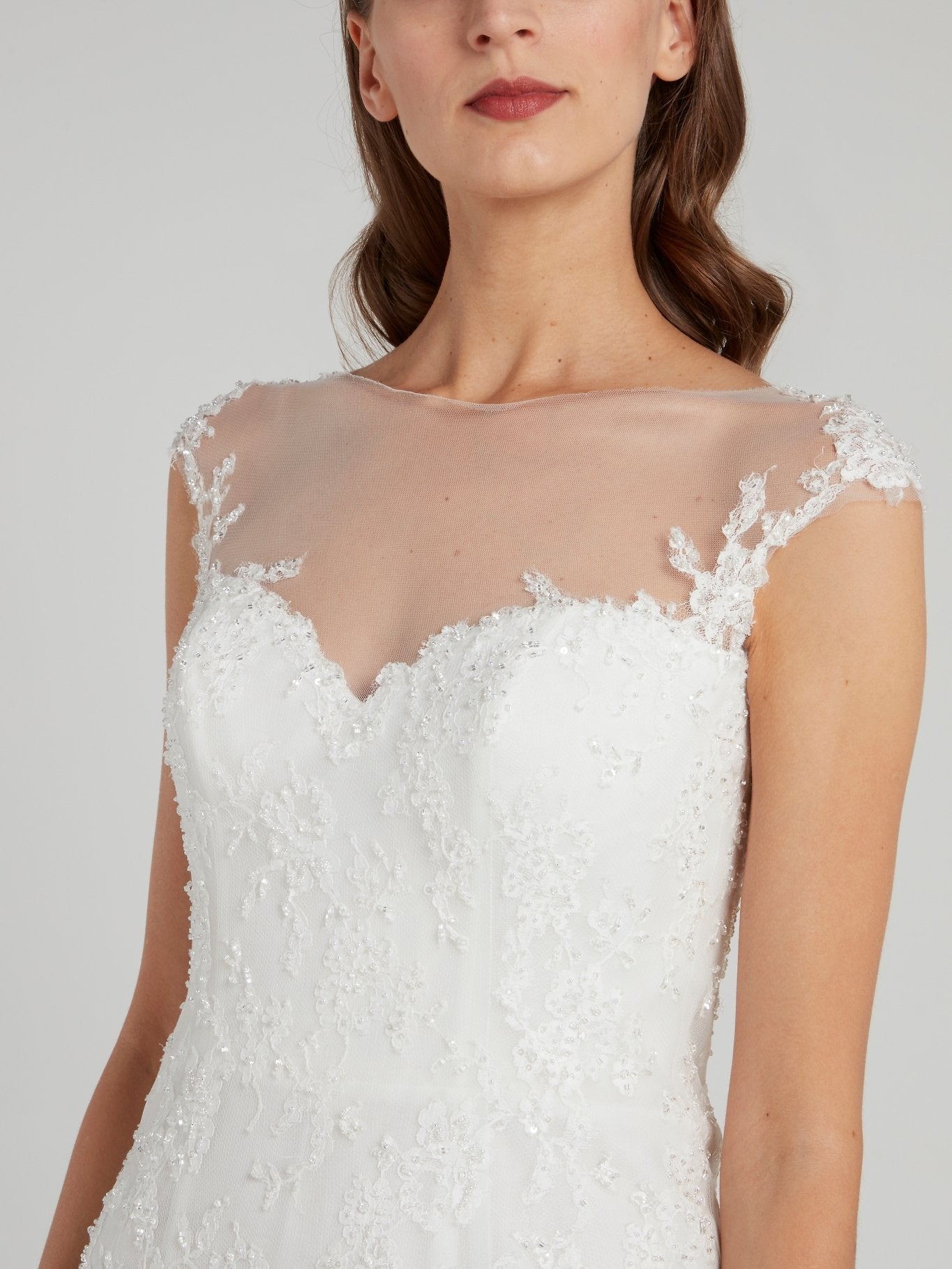 White Illusion Neckline Ruffle Bridal Gown