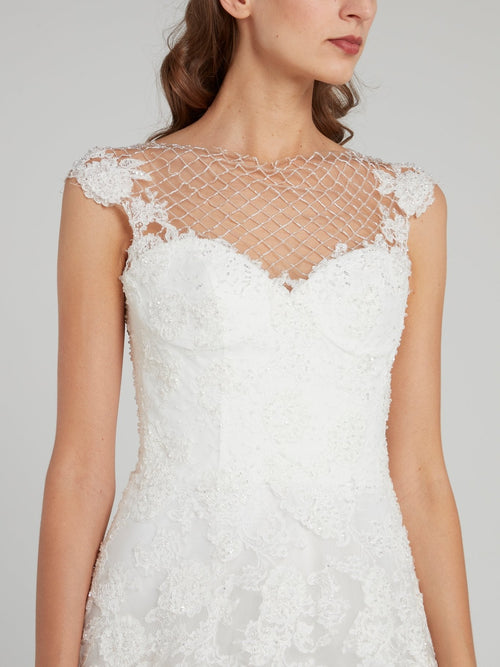 White Net Mesh Panel Tulle Bridal Gown