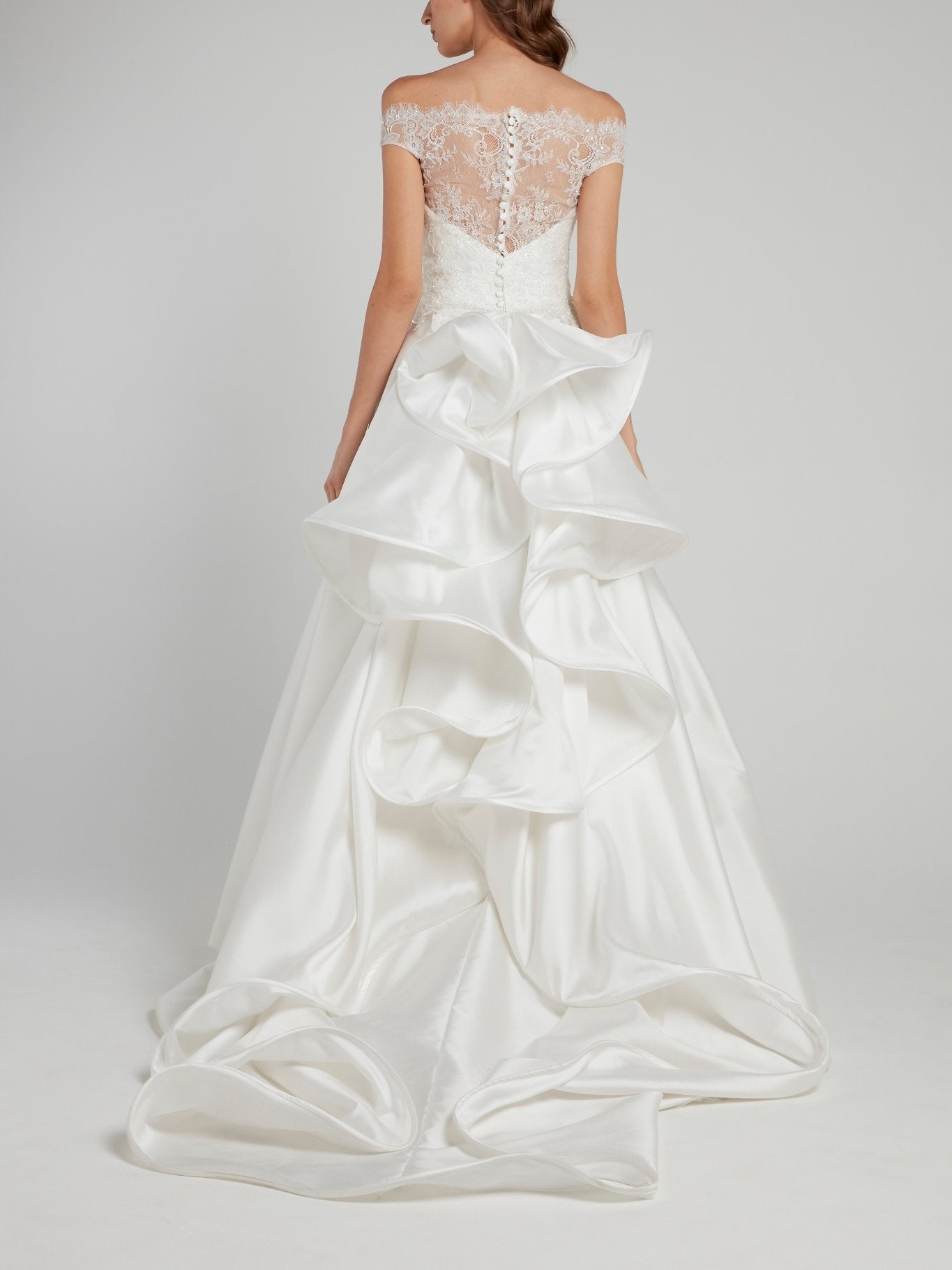 White Off-The-Shoulder Ruffle Back Bridal Gown