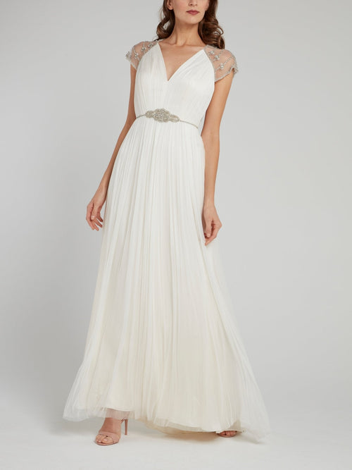 Crystal Detail Overlay Pleated Bridal Dress