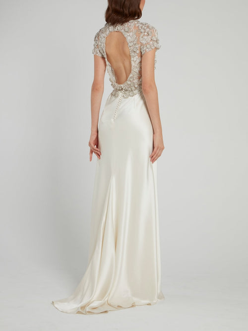 Crystal Embellished Leaf Detail Open Back Bridal Gown