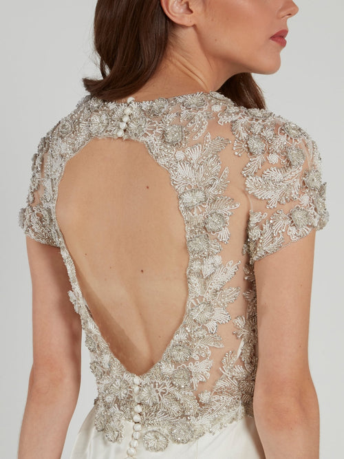 Crystal Embellished Leaf Detail Open Back Bridal Gown