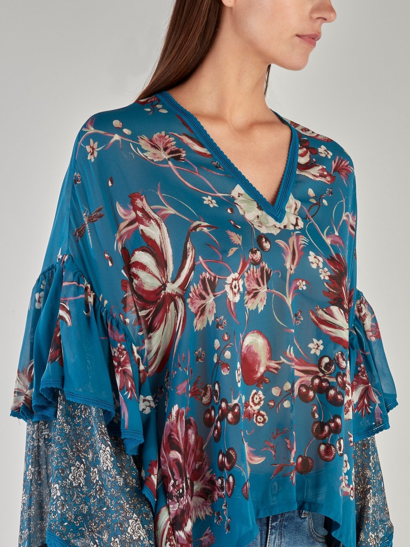 Blue Floral Print Flounce Sleeve Top