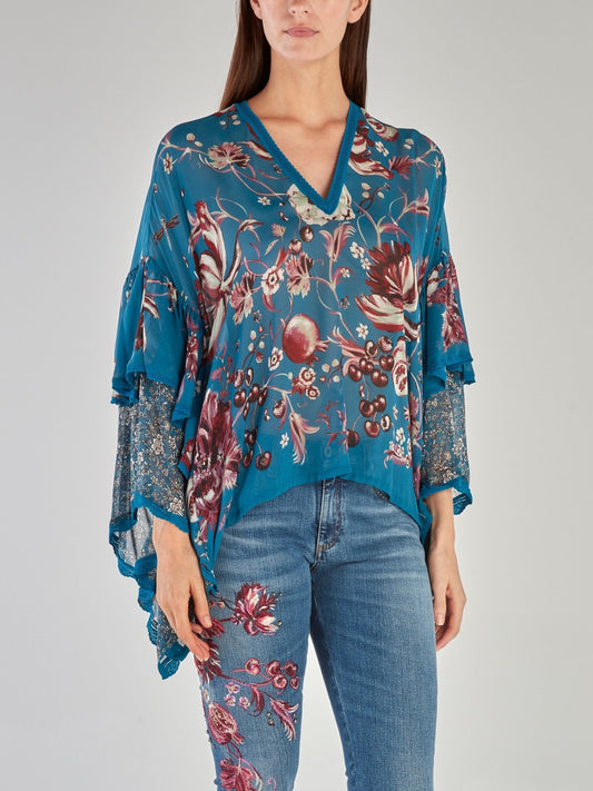 Blue Floral Print Flounce Sleeve Top