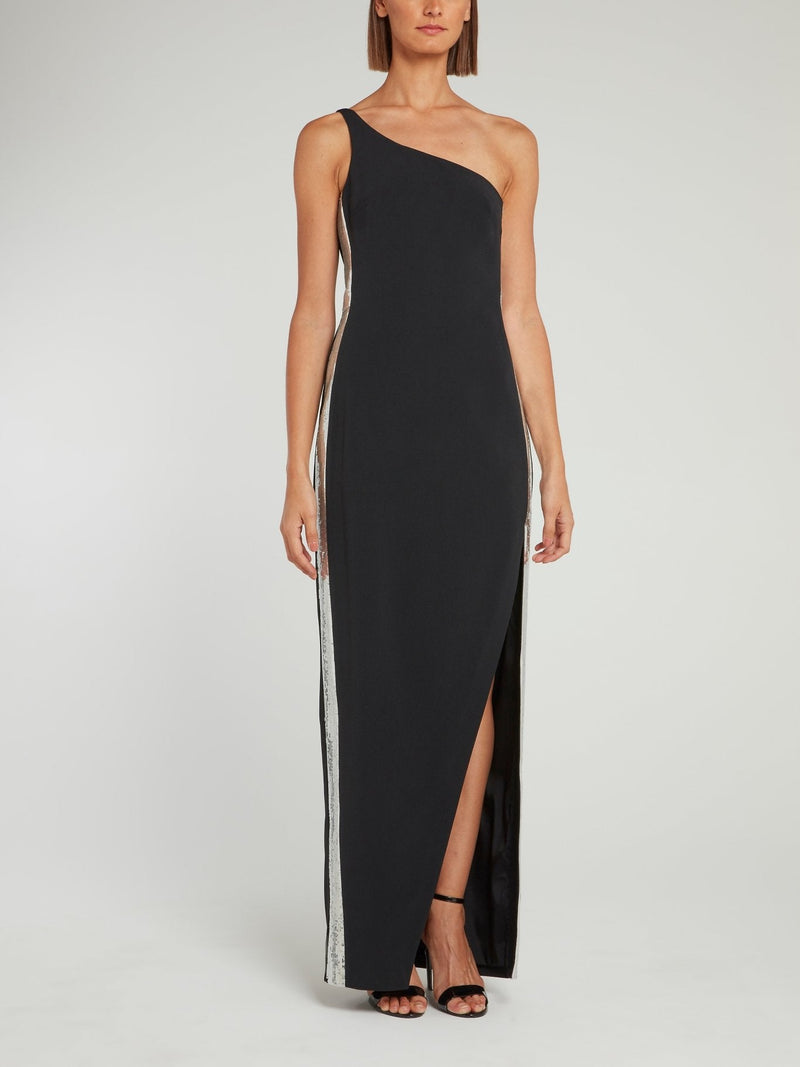 Black Sequin Side Panel One Shoulder Gown