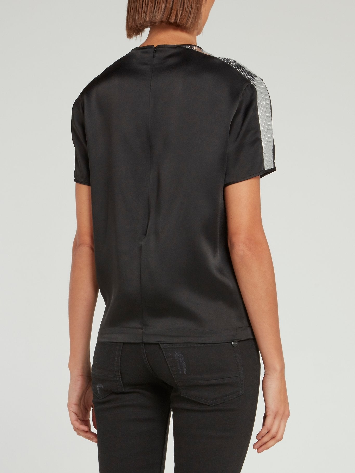 Black Sequin Panel Short Sleeve Satin Shirt