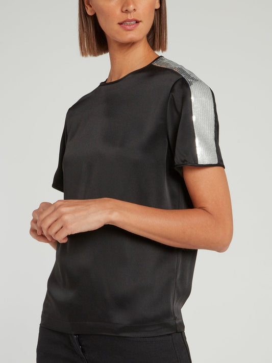 Black Sequin Panel Short Sleeve Satin Shirt