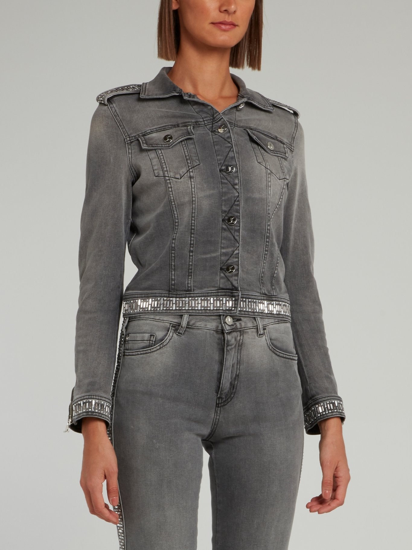 Grey Studded Hem Denim Jacket