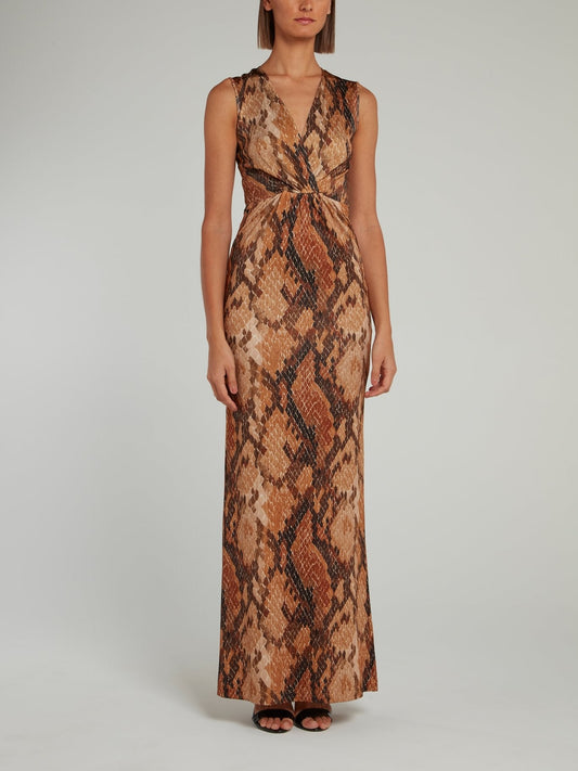 Brown Snake Effect Empire Waist Maxi Dress